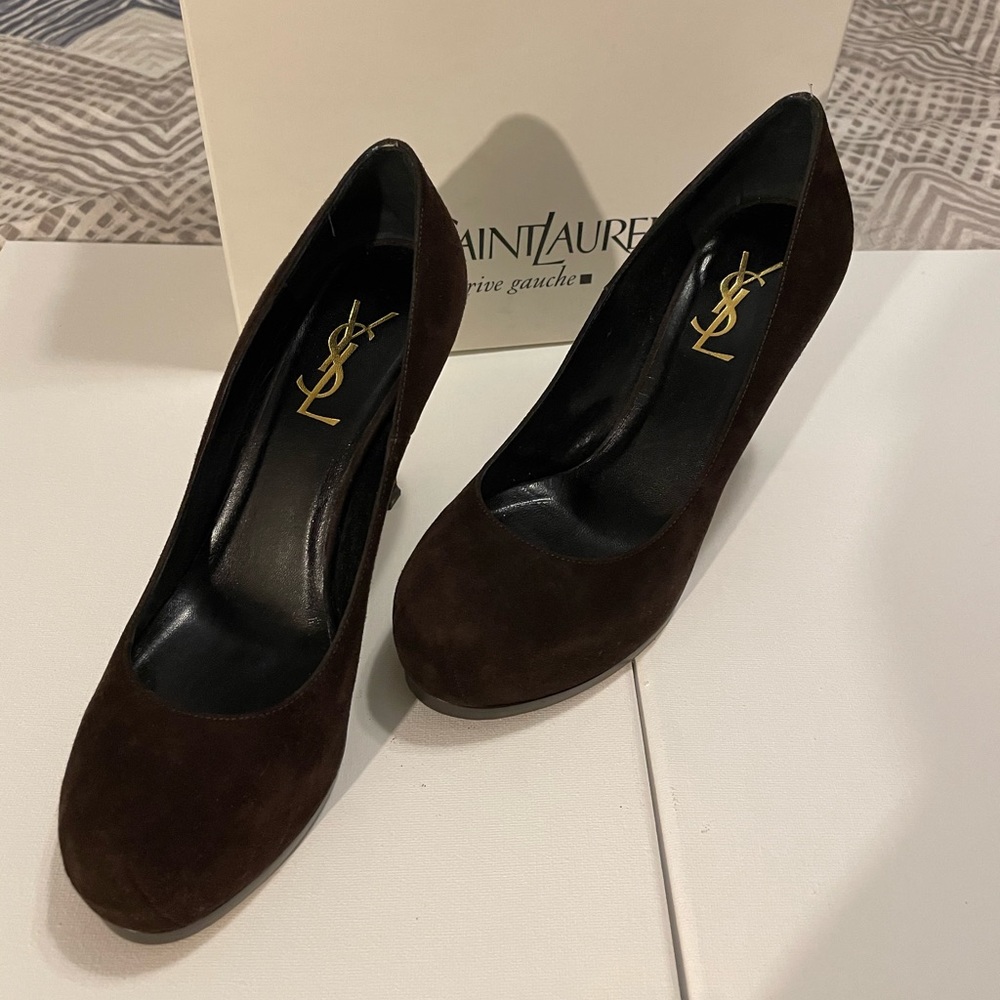 YSL Suede Brown Tribute Pumps, Size 6, YSL shoe box included